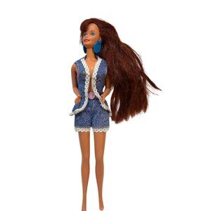 Vintage Barbie Style Redhead Fashion Doll Denim Outfit Blue Earrings